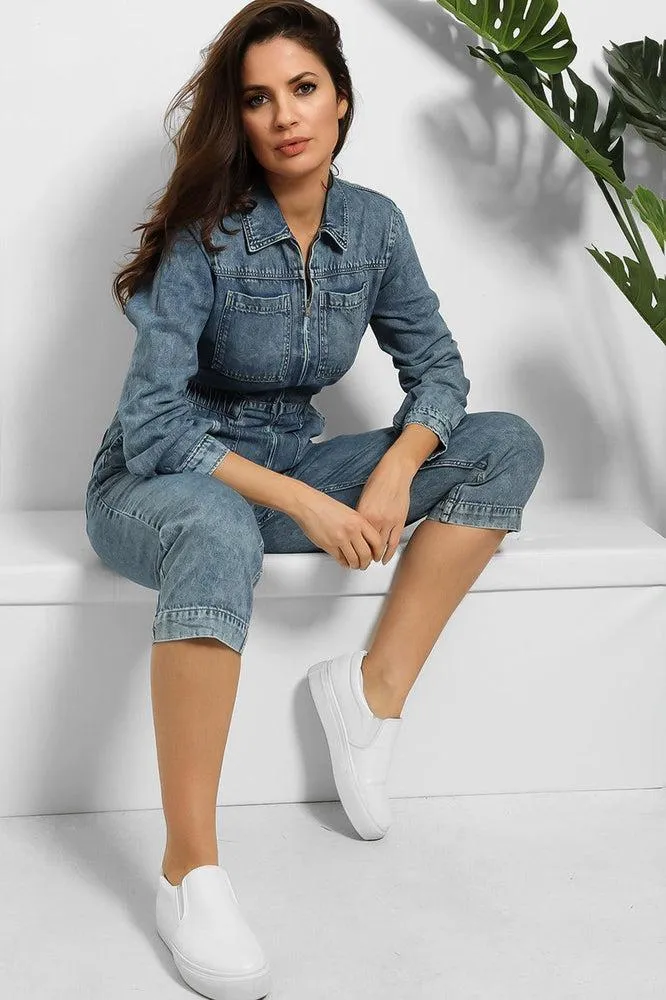 Cropped Leg Zipped Denim Jumpsuit