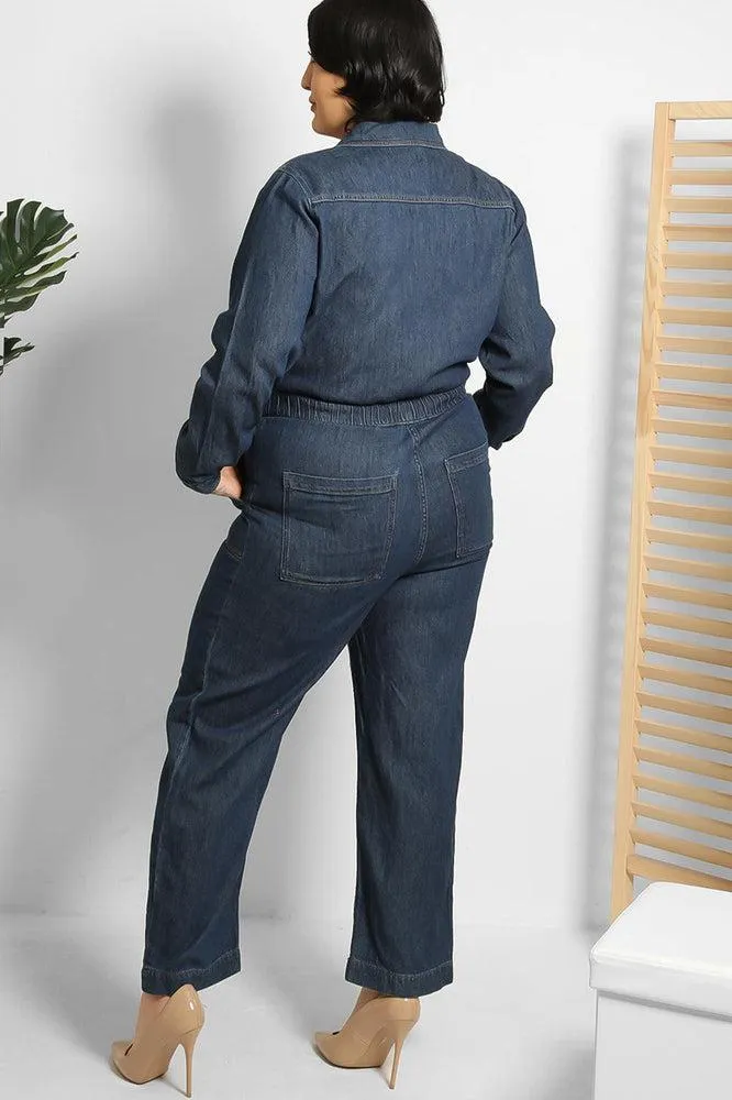 Cropped Leg Zipped Denim Jumpsuit