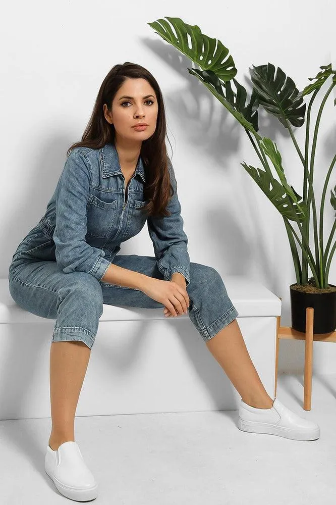 Cropped Leg Zipped Denim Jumpsuit