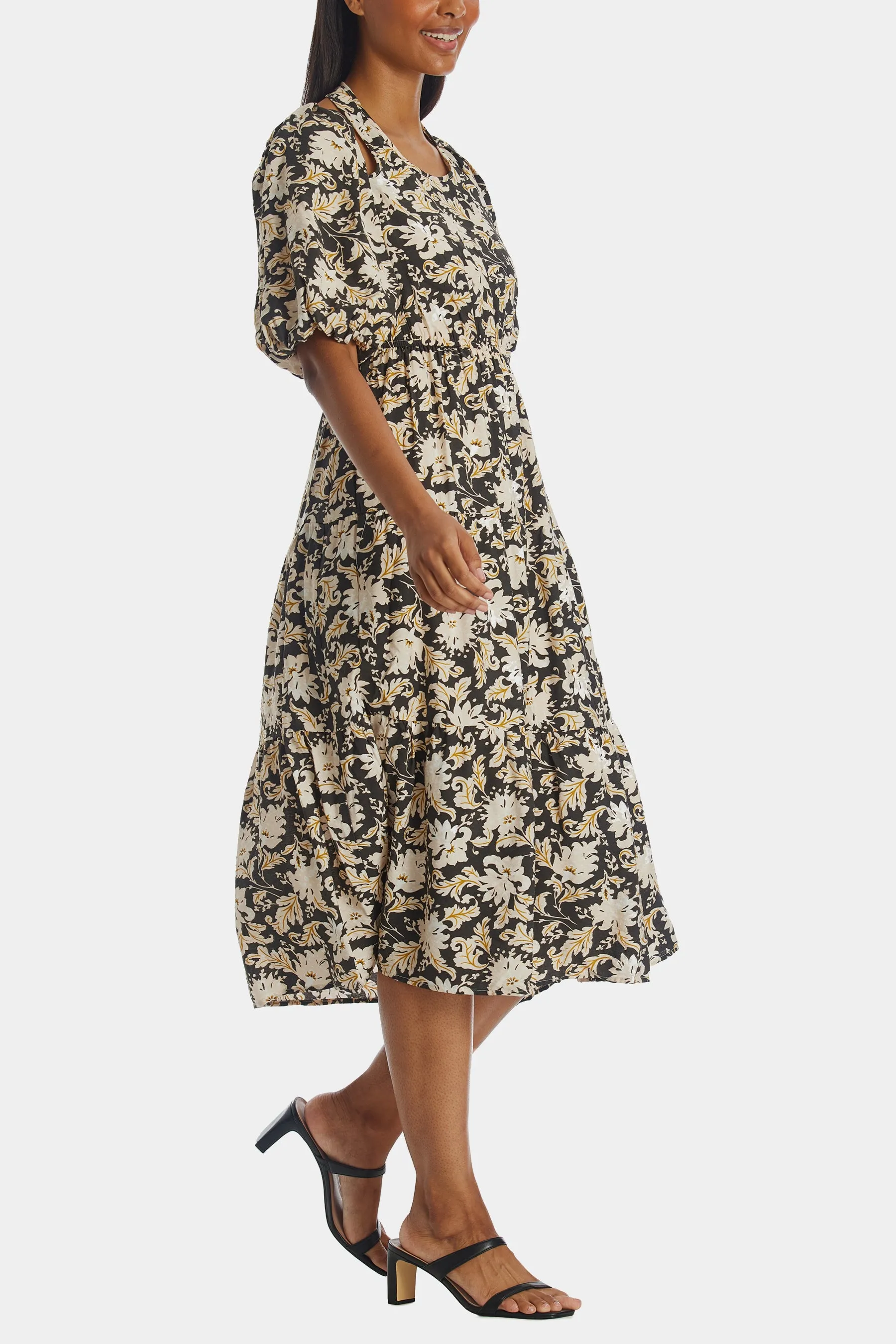 Cut Out Halter Floral Print Midi Dress