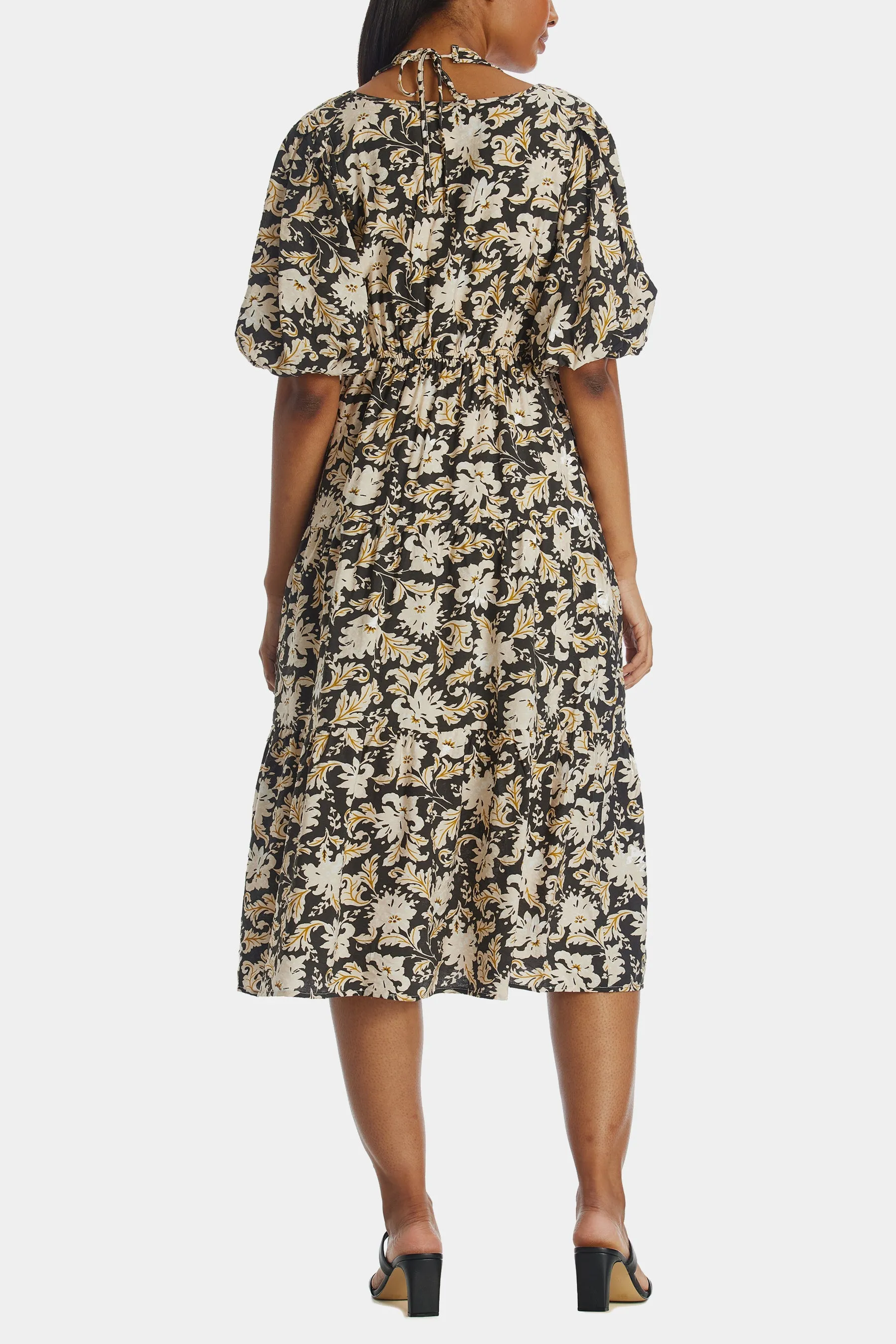 Cut Out Halter Floral Print Midi Dress