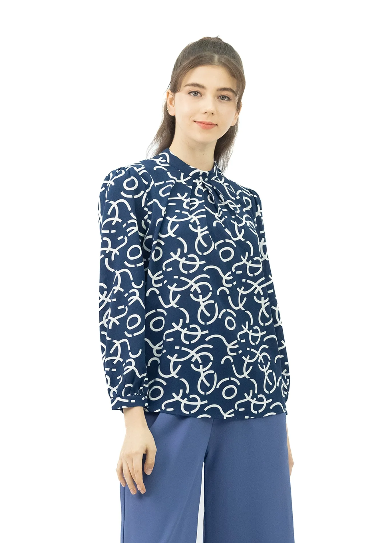 DAISY By VOIR Ruched Mock Neck Printed Blouse