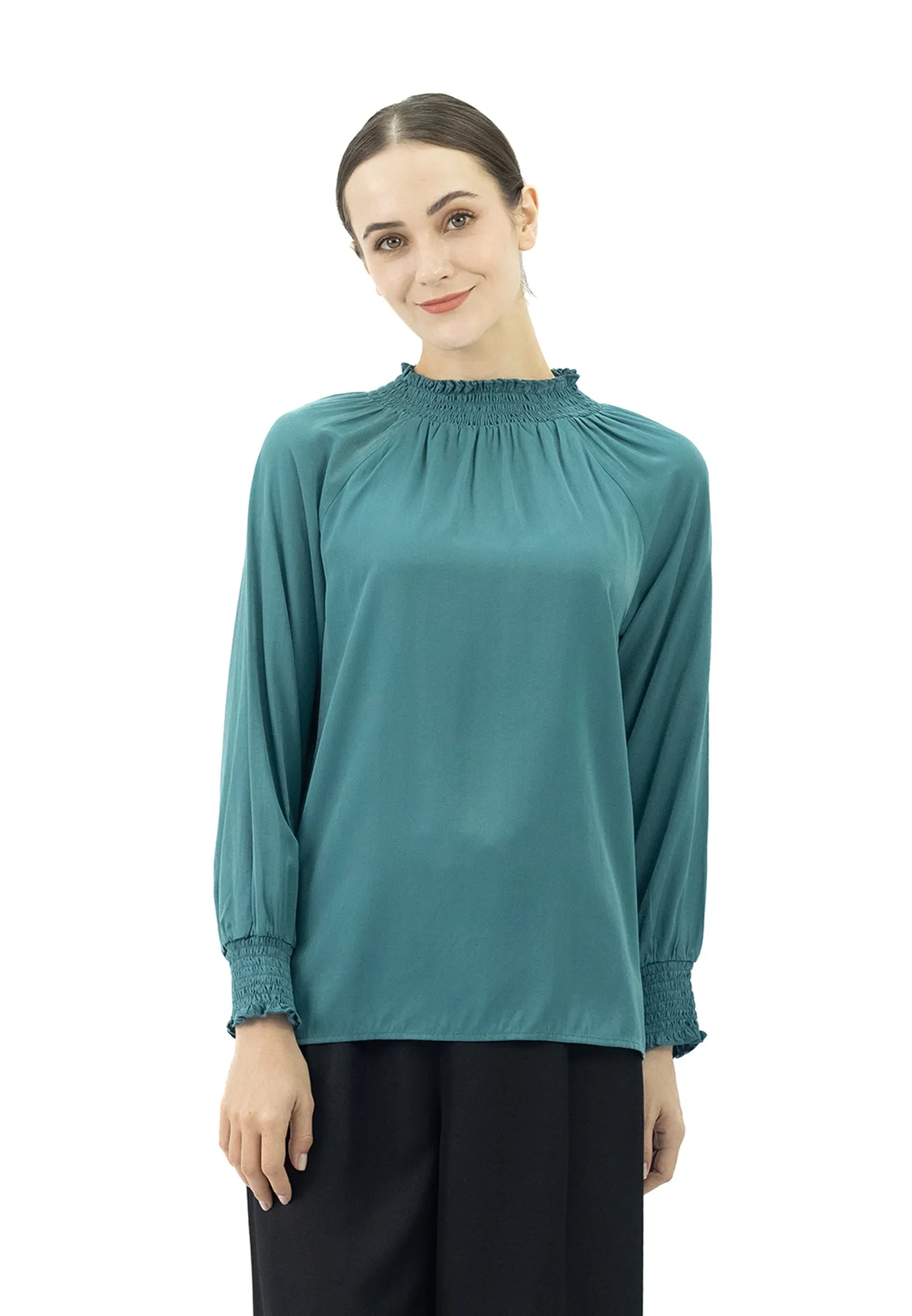 DAISY By VOIR Shirred High Neck Keyhole Back Blouse