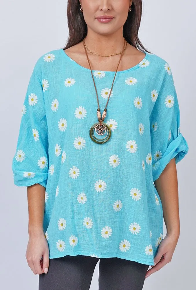 Daisy Flower Print Necklace Cotton Top