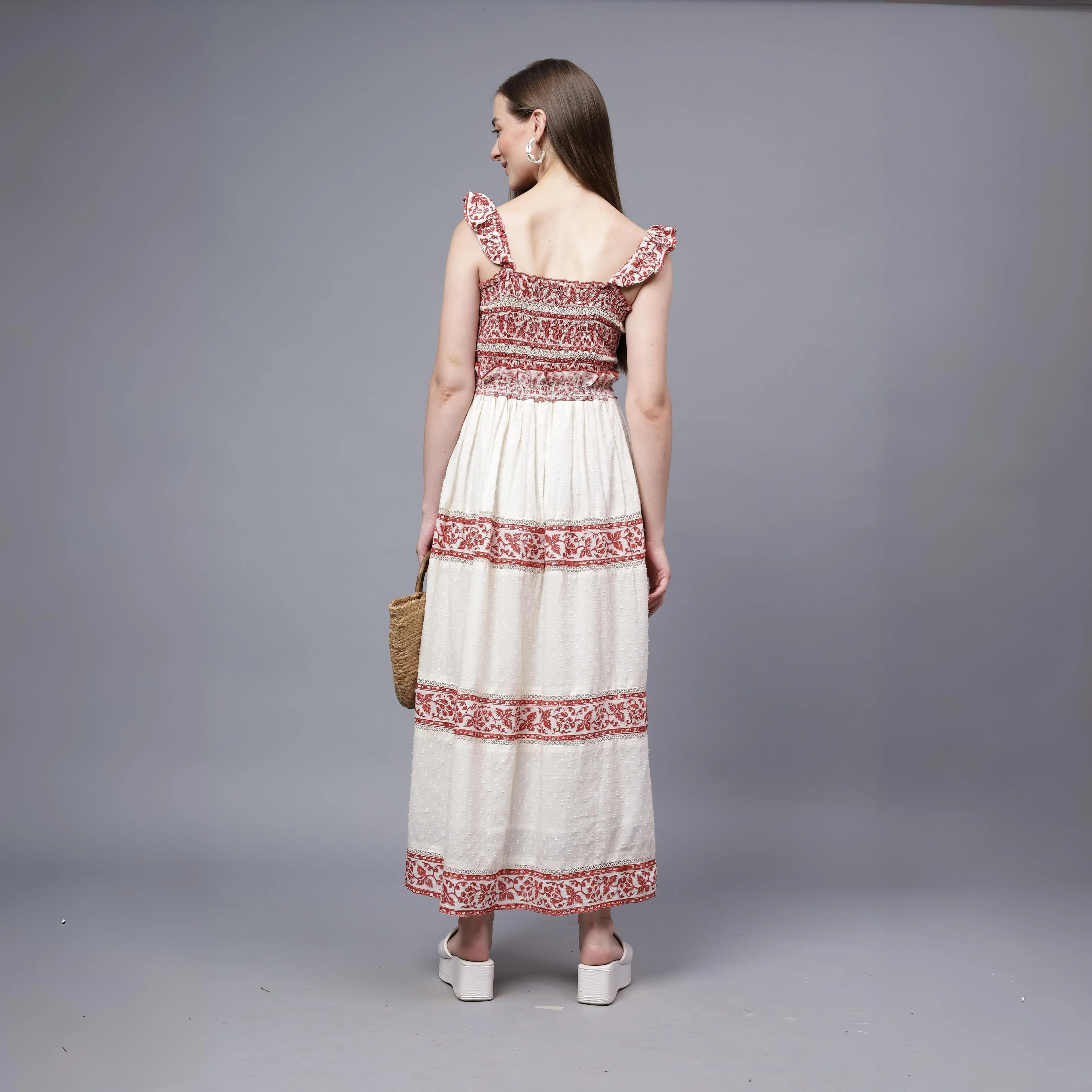 Daisyella Fit And Flare- Off White And Maroon Cotton Dobby Dress