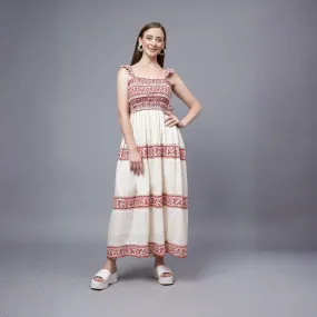 Daisyella Fit And Flare- Off White And Maroon Cotton Dobby Dress