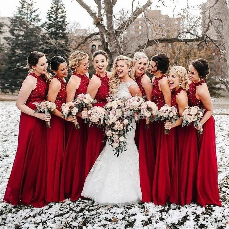 Dark Red Halter Chiffon Long Bridesmaid Dresses Online, Cheap Dresses, WG693