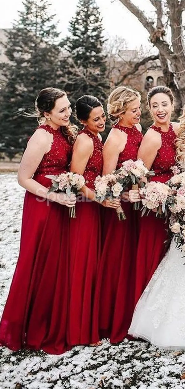 Dark Red Halter Chiffon Long Bridesmaid Dresses Online, Cheap Dresses, WG693