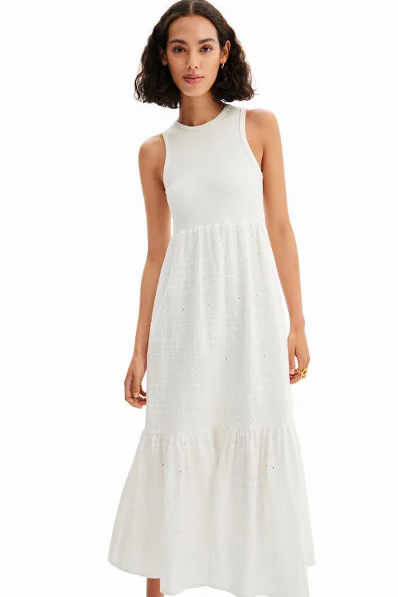 Desigual Long Embroidered Combination Dress | White