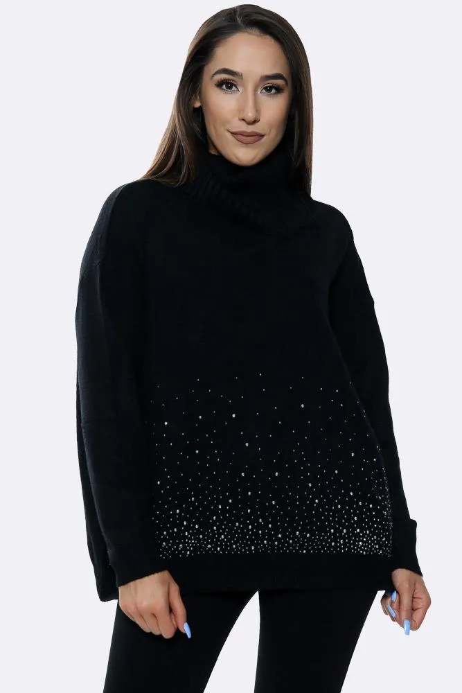 Diamante Hem Plain Ribbed Jumper