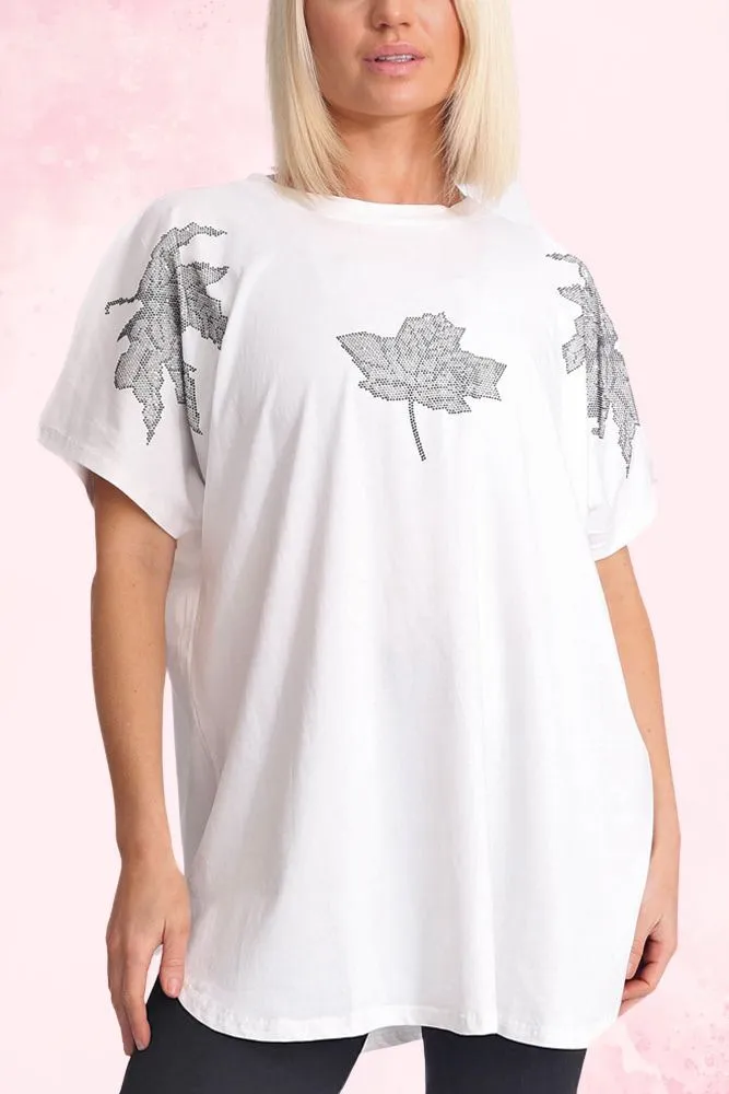 Diamante Leaf Pattern Side Slit Cotton Top