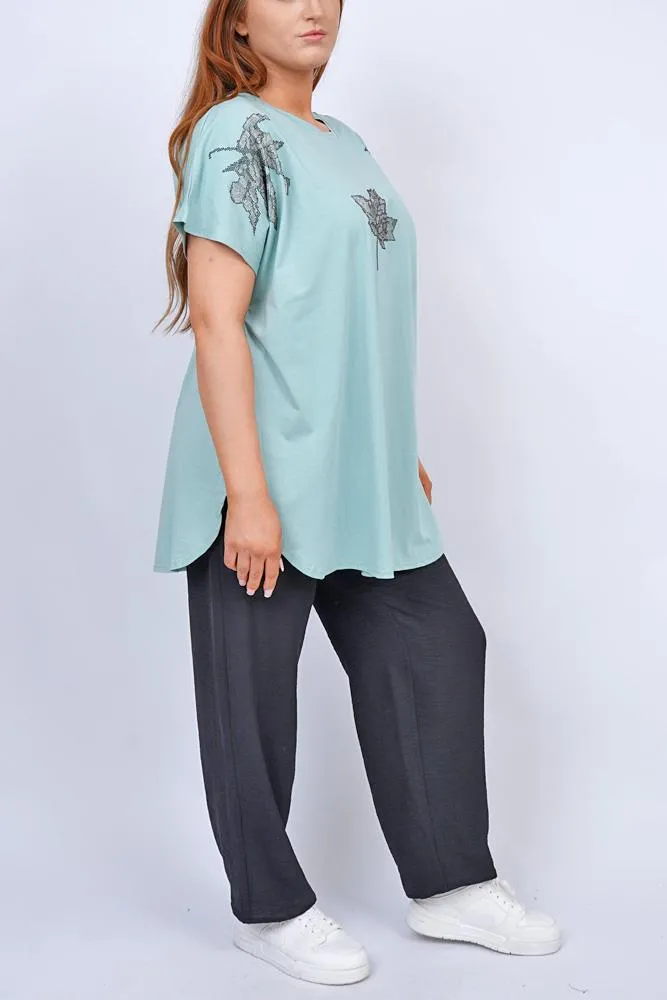 Diamante Leaf Pattern Side Slit Cotton Top