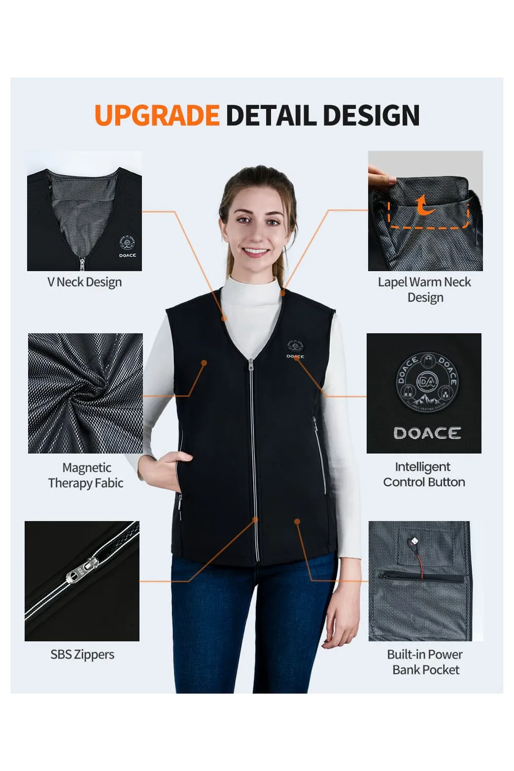 DOACE Wear Composite V-neck Heated Vest for Men & Women(Battery Not Included)