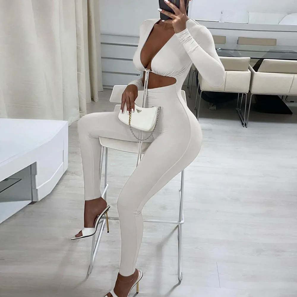 Drawstring Solid Color Hollow Out Jumpsuit