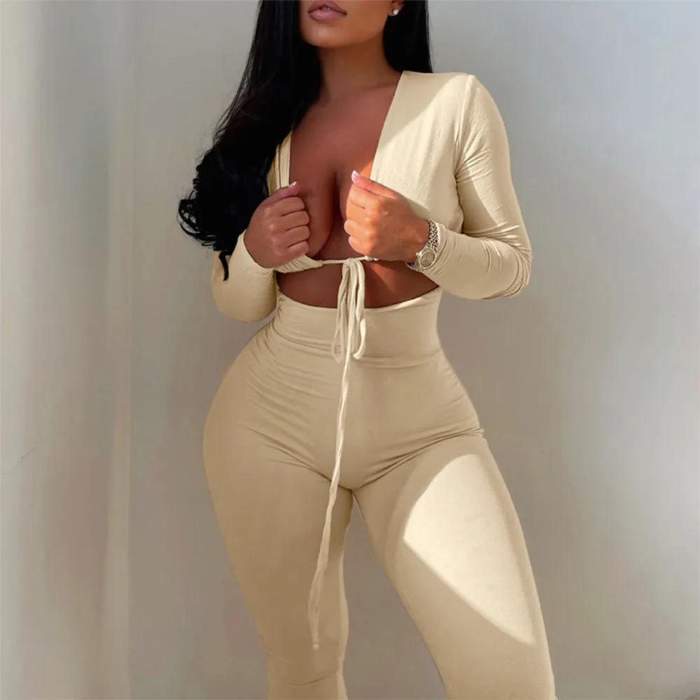 Drawstring Solid Color Hollow Out Jumpsuit