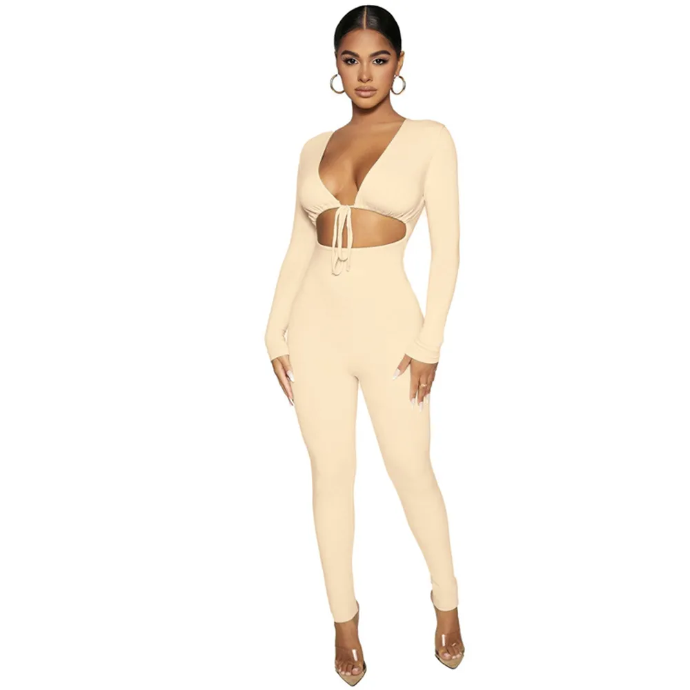 Drawstring Solid Color Hollow Out Jumpsuit