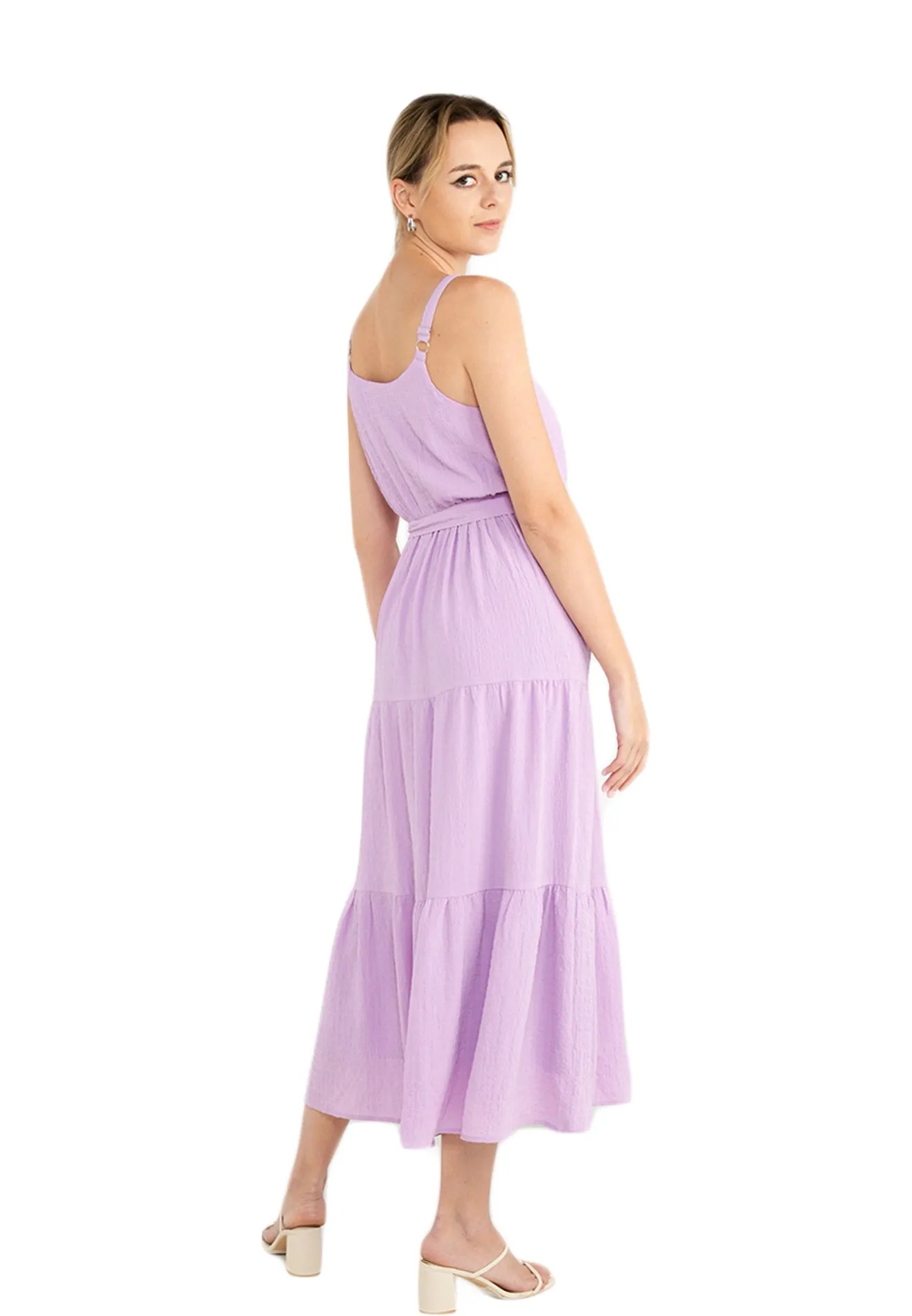 ELLE Apparel Belted Sleeveless Tiered Maxi Dress