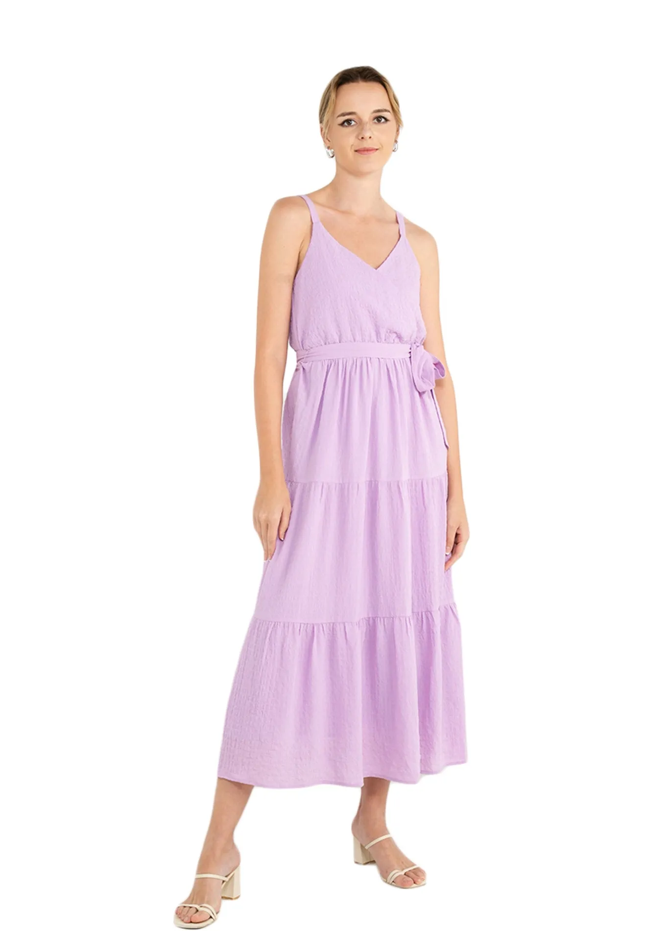 ELLE Apparel Belted Sleeveless Tiered Maxi Dress