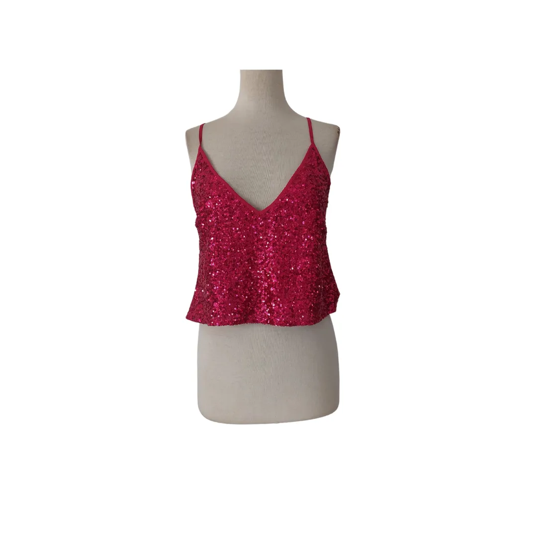 Express Deep Pink Sequins Crop Top | Gently Used |