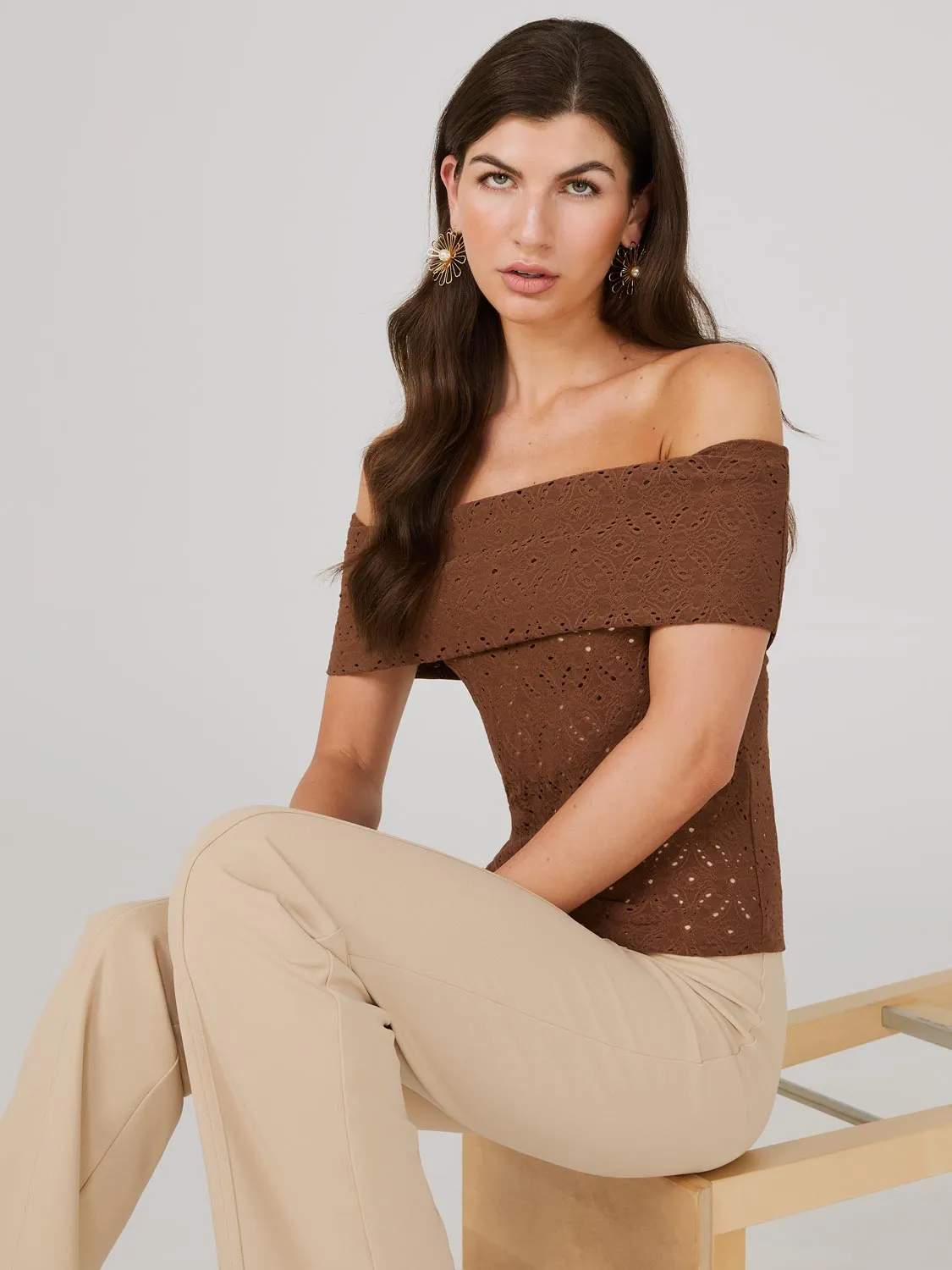 Eyelet Jacquard Off-The-Shoulder Top