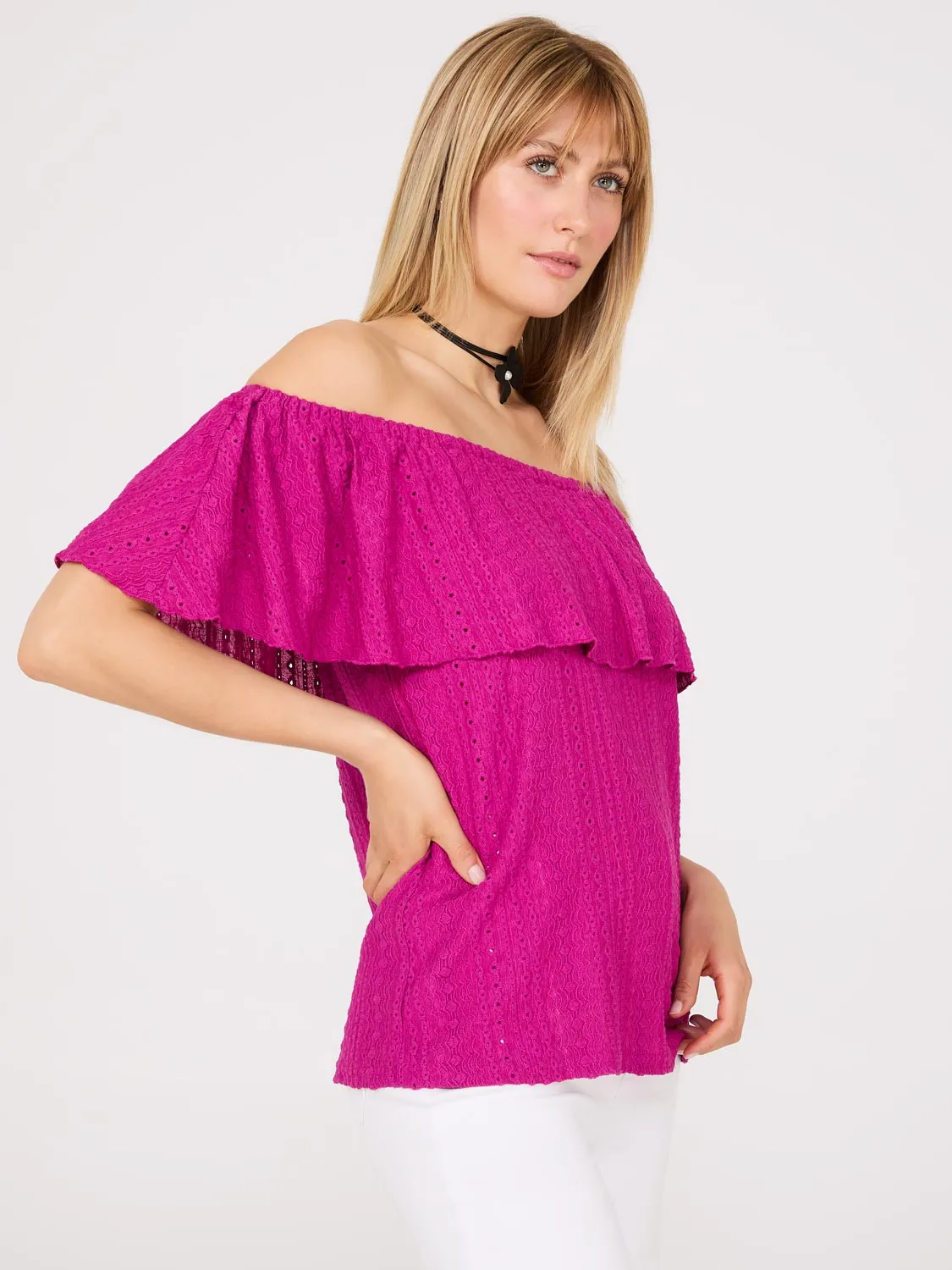 Eyelet Textured Off-The-Shoulder Top