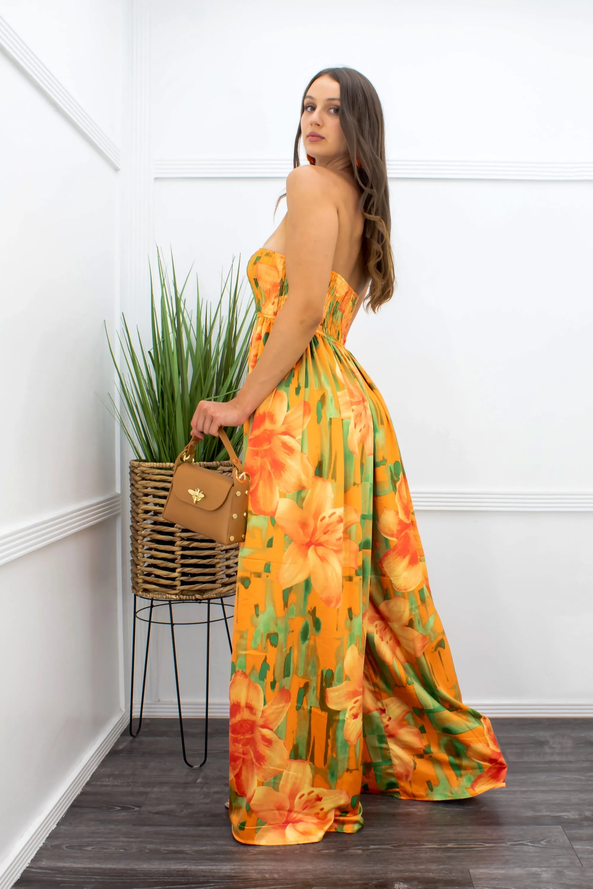 Floral Print Off Shoulder Wide Leg Jumpsuit