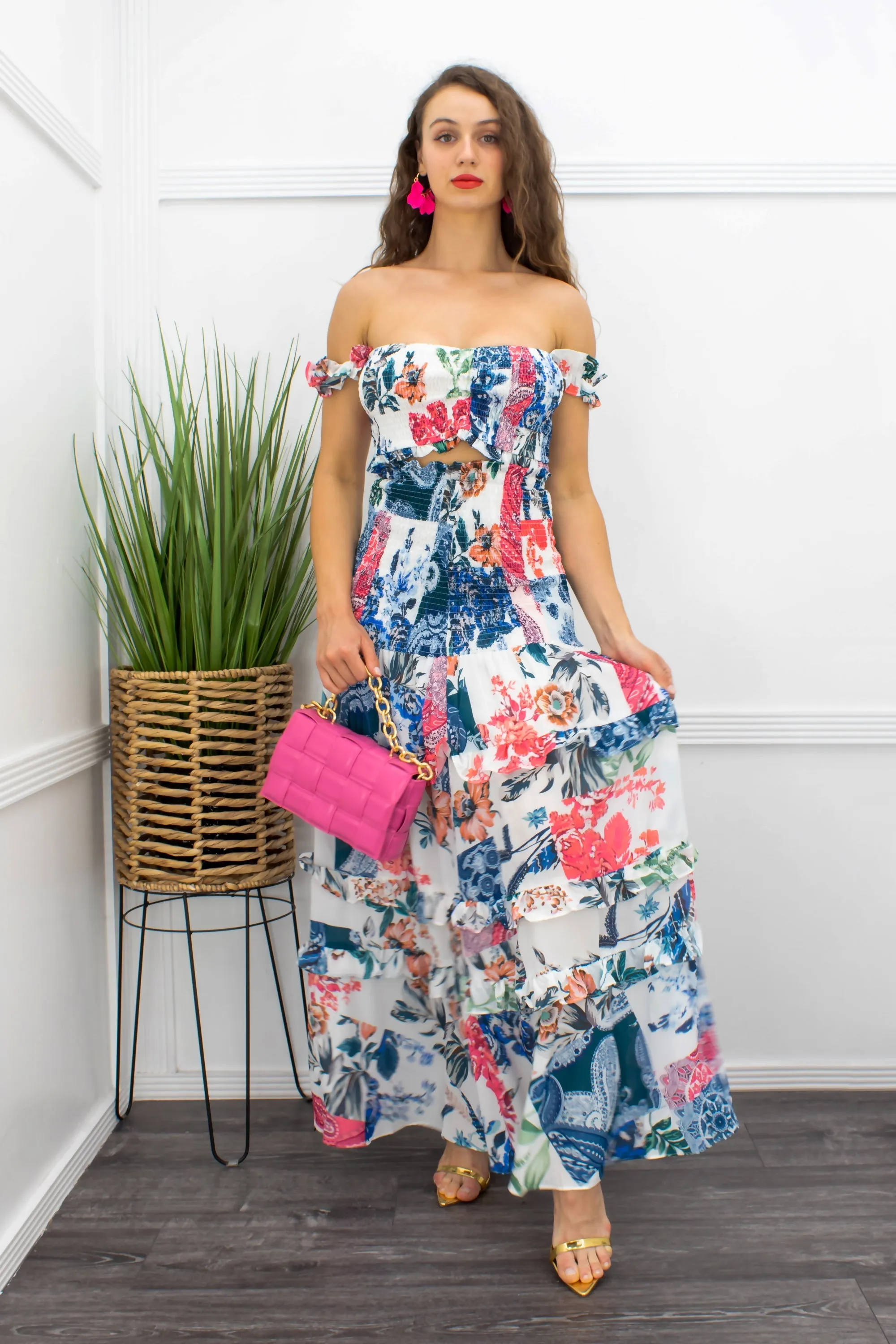 Floral Ruffle Crop Top Maxi Skirt Set Blue