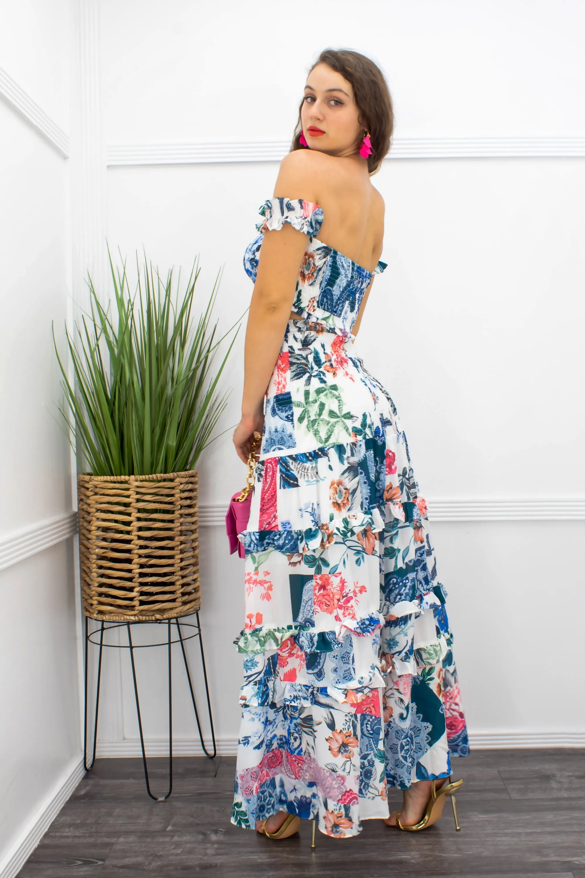 Floral Ruffle Crop Top Maxi Skirt Set Blue