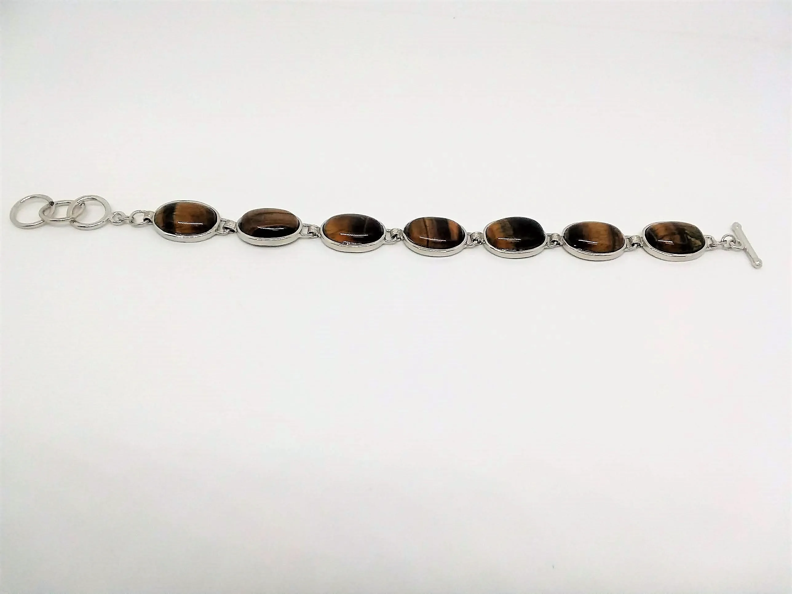 Gemstone Bracelet 7 Oval Stone Tigers Eye Link Bracelet 9 length Brass Toggle Clasp Bar