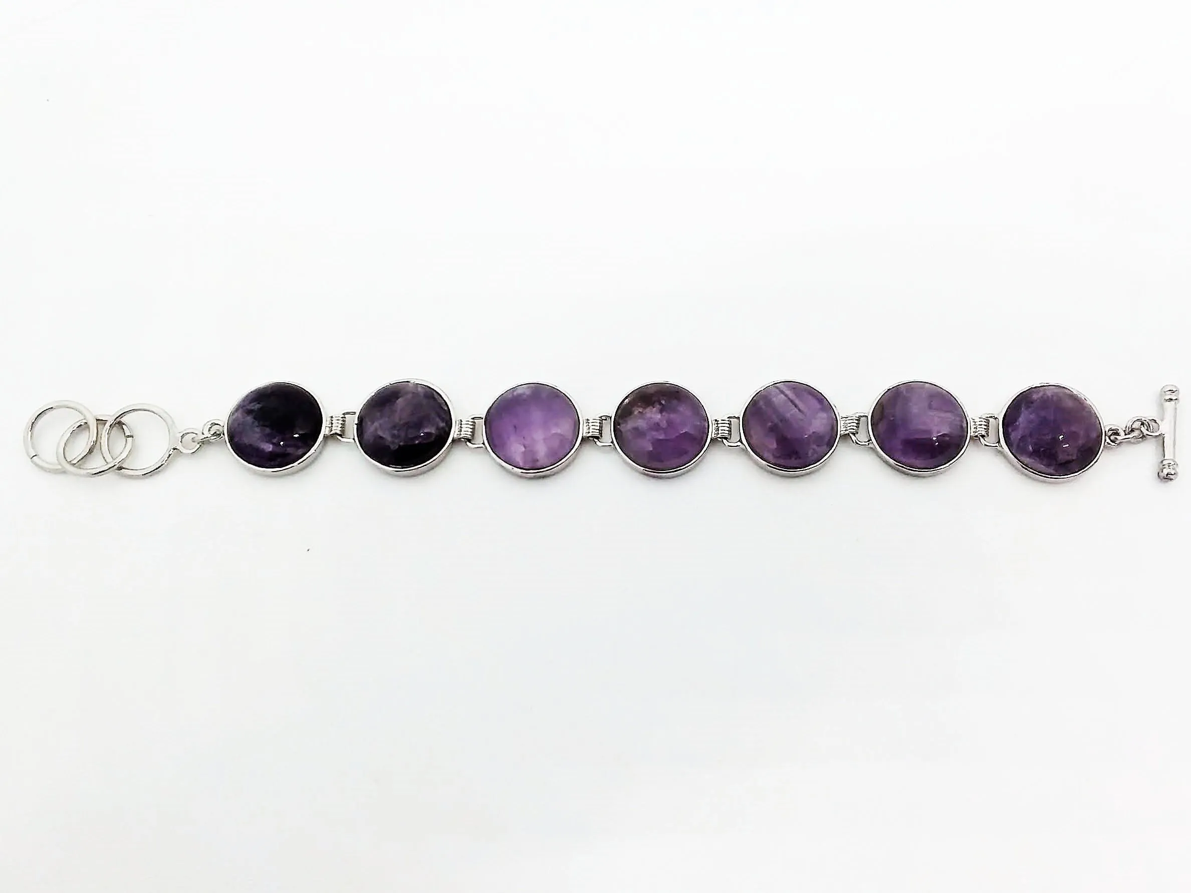 Gemstone Bracelet 7 Stone Amethyst Link Bracelet 7 3/4 length Brass Toggle Clasp Bar