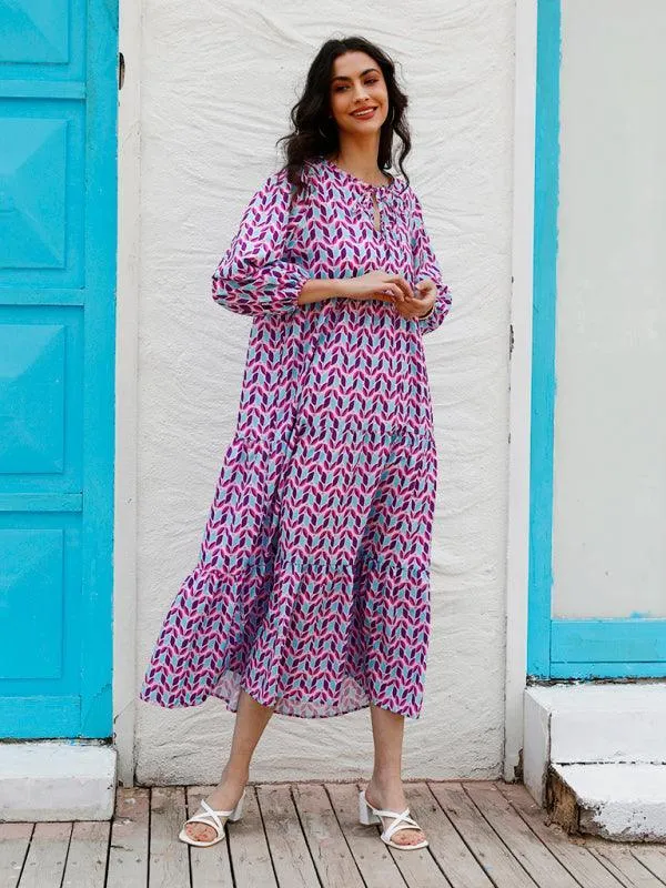 Geometric Puff-Sleeve Maxi Dress