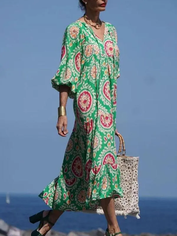 Geometric Puff-Sleeve Maxi Dress