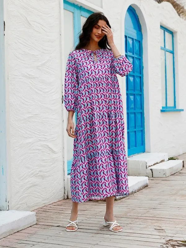 Geometric Puff-Sleeve Maxi Dress