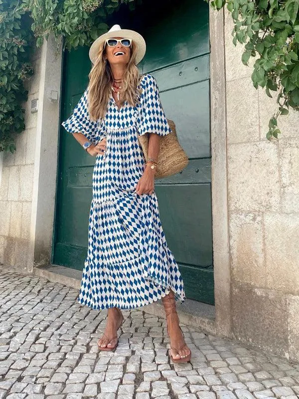 Geometric Puff-Sleeve Maxi Dress