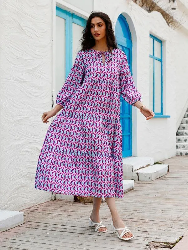 Geometric Puff-Sleeve Maxi Dress