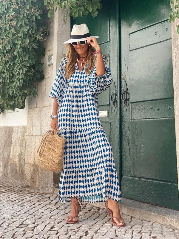 Geometric Puff-Sleeve Maxi Dress