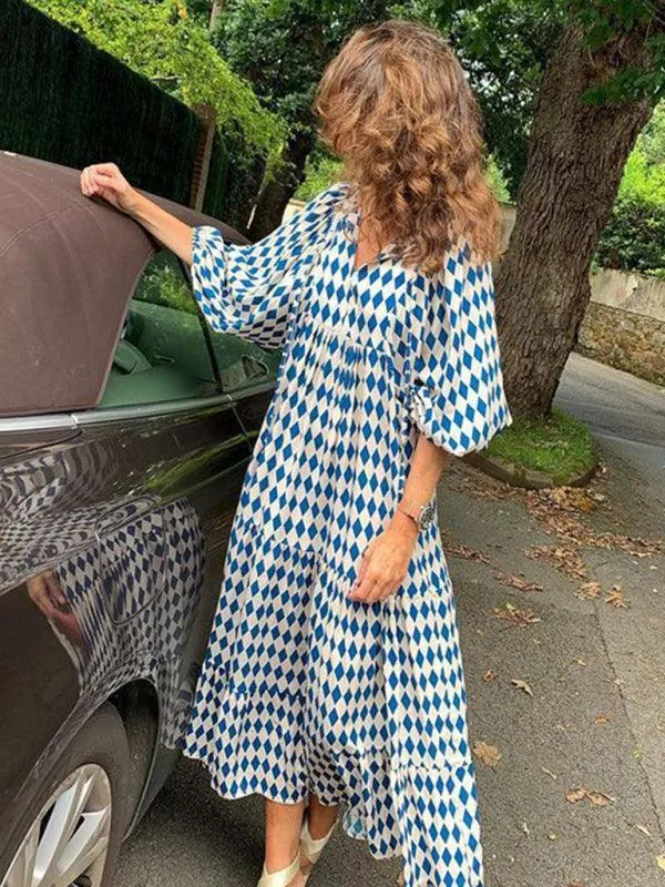 Geometric Puff-Sleeve Maxi Dress