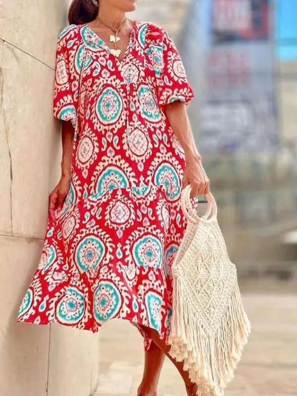 Geometric Puff-Sleeve Maxi Dress