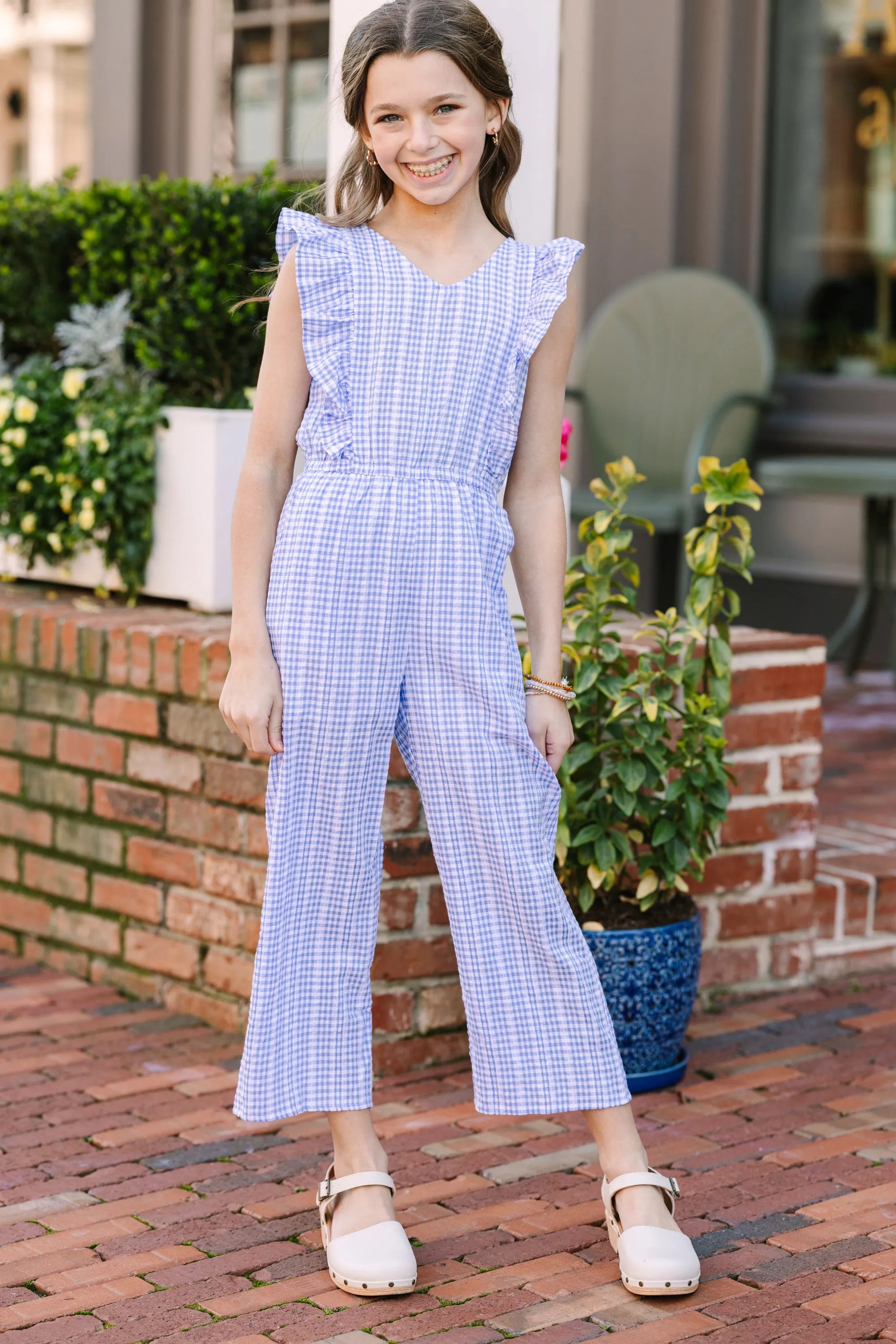 Girls: All For Love Blue Checkered Jumpsuit