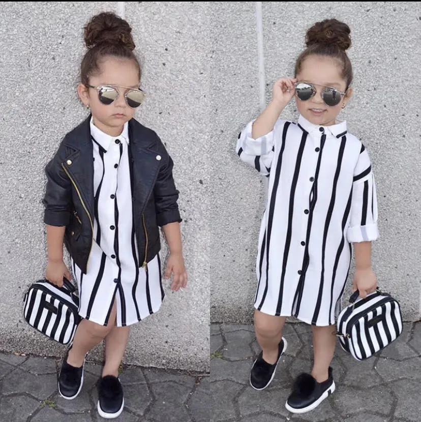 GIRLS BLACK & WHITE LONG SLEEVE SHIRT DRESS