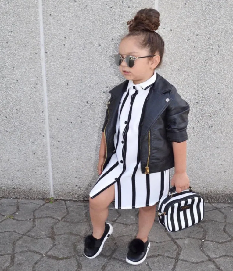 GIRLS BLACK & WHITE LONG SLEEVE SHIRT DRESS