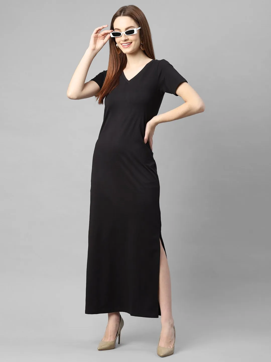 Half Sleeve V- Neck Maxi Dress