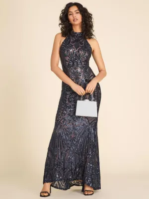 Halter Neck Allover Sequin On Mesh Gown