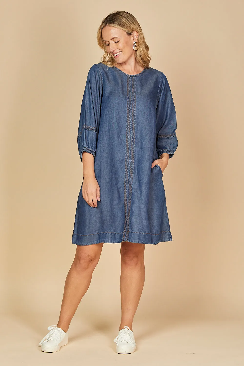 Hazel Short Shift Tencel Dress in Mid Wash