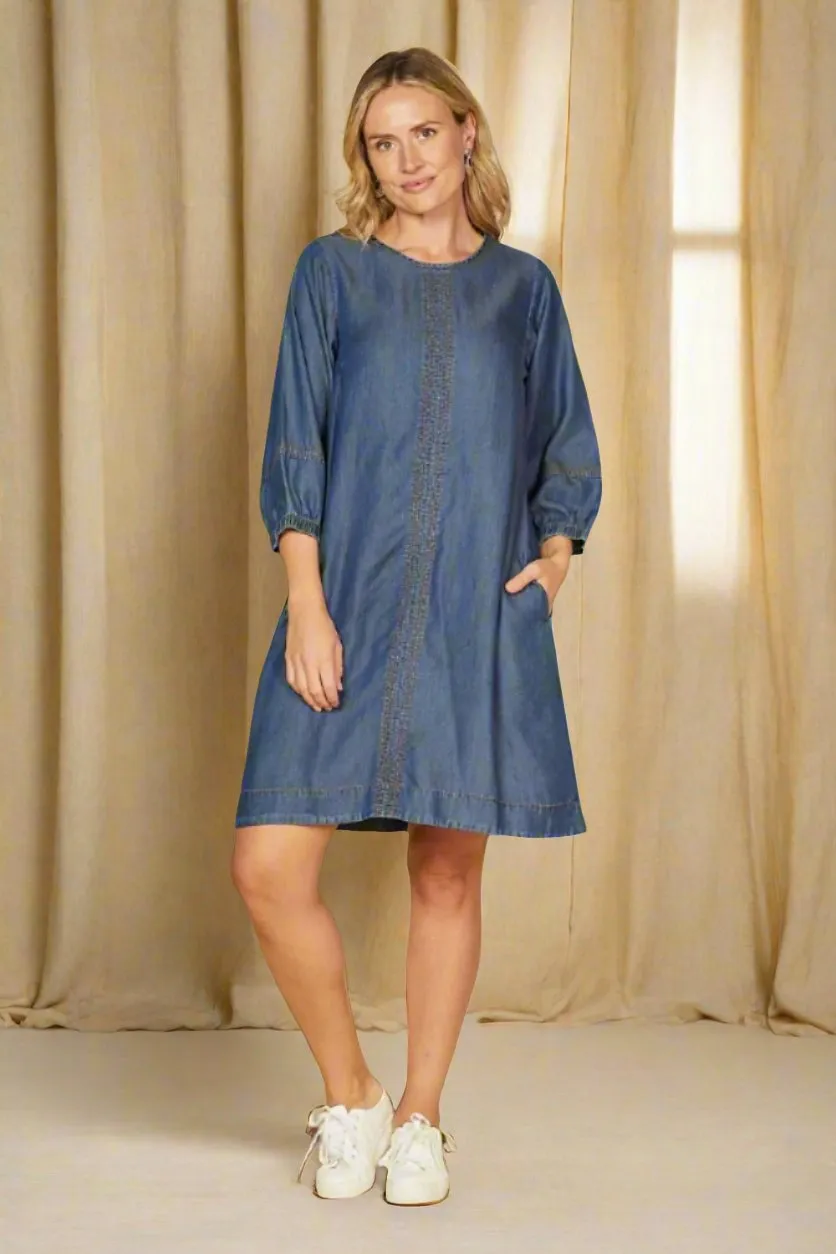 Hazel Short Shift Tencel Dress in Mid Wash