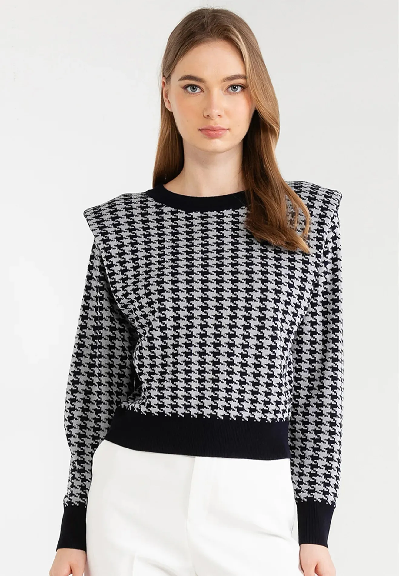 Houndstooth Shoulder Padded Knit Top