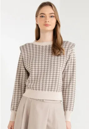 Houndstooth Shoulder Padded Knit Top