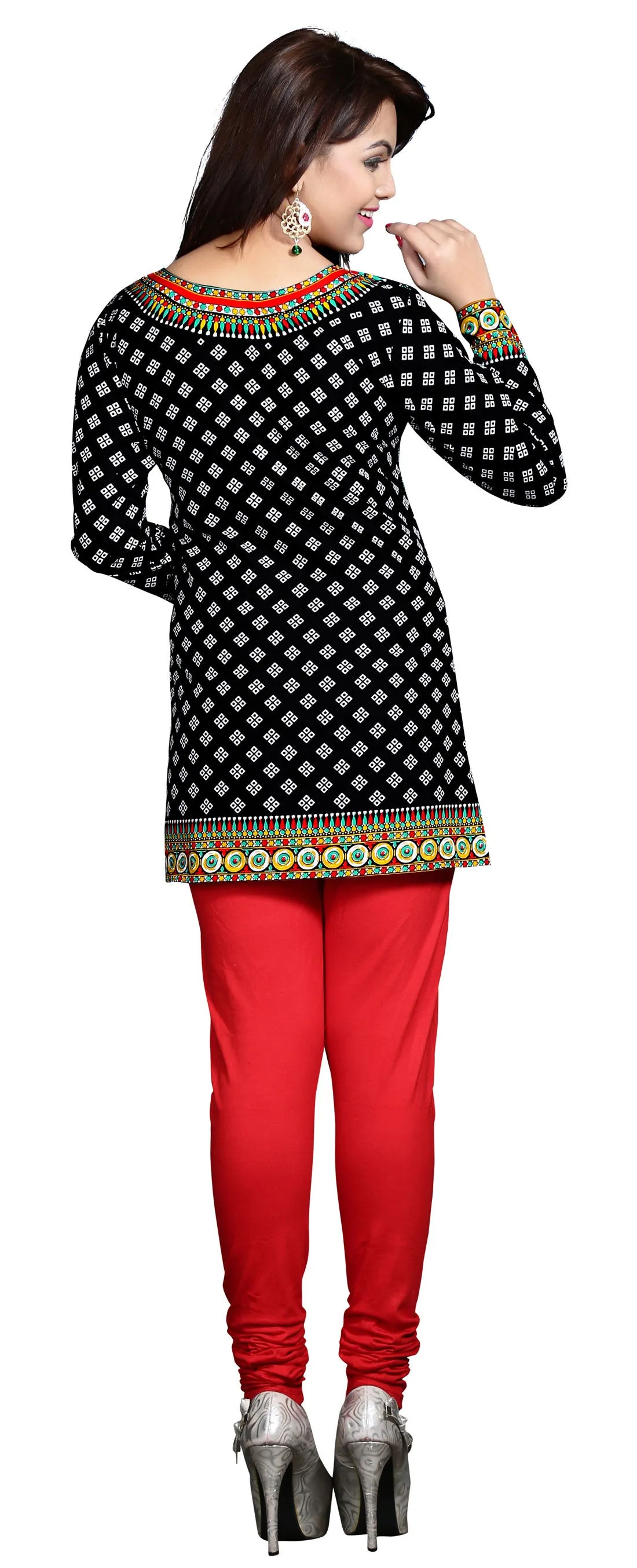 India Short  Kurti Tunic Top Womens Printed Indian Clothing (Black)