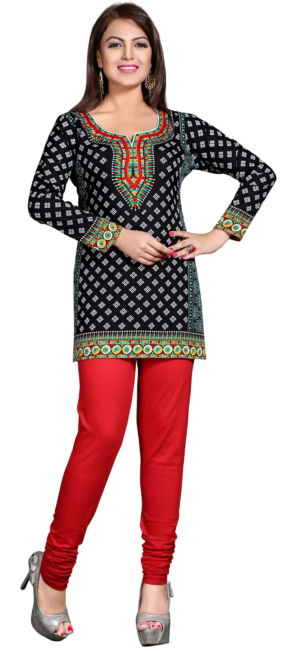 India Short  Kurti Tunic Top Womens Printed Indian Clothing (Black)