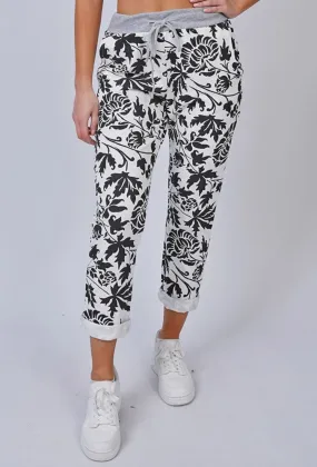 Leaf Print Drawstring Cotton Trousers